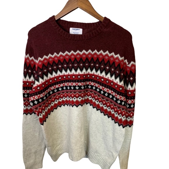Old Navy Fair Isle Sweater Burgundy Red White Knit Pullover Nordic Large - Picture 1 of 5